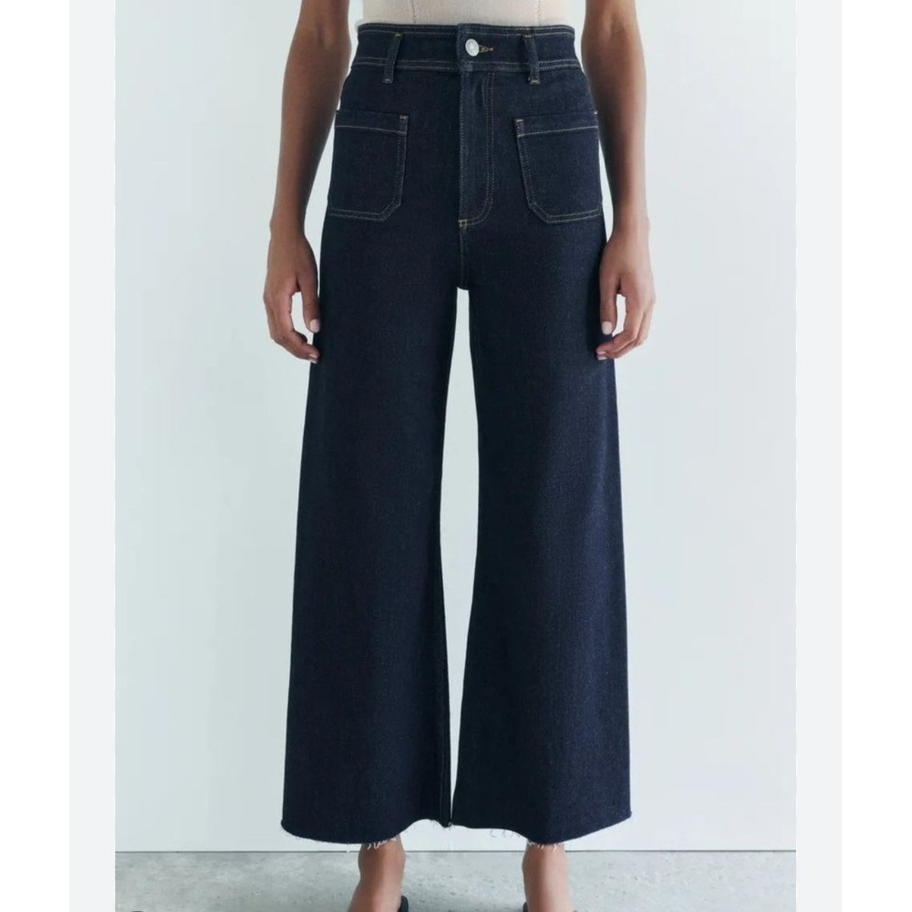 Zara Marine Dark Blue High Waisted Wide Leg Patch Pocket Jeans 6 Raw Hem 262